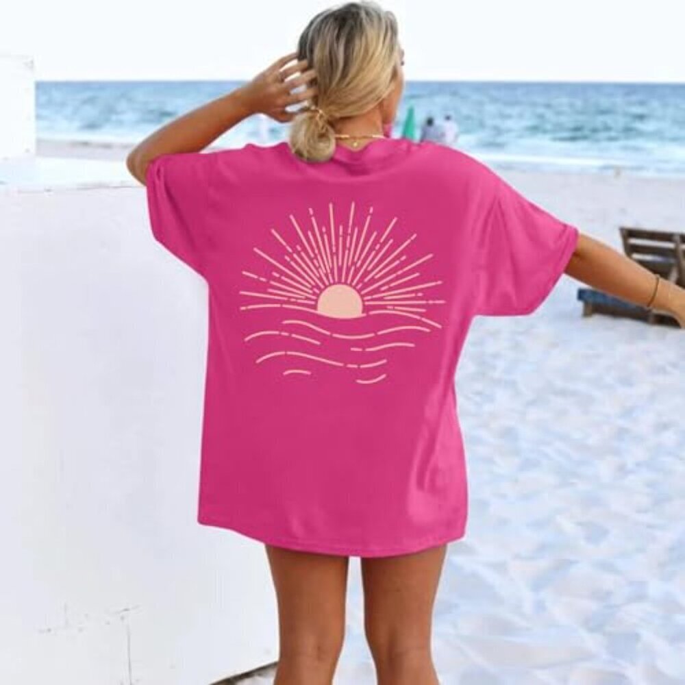 Oversized Vintage Sun Print Graphic Tee Baggy Y2K Beach Top - Picture 4 of 7